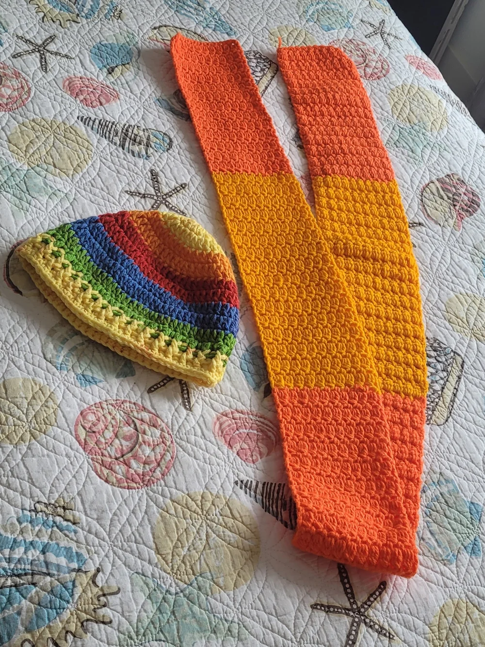 Handmade Adult Rainbow Beanie and Orange-Yellow Scarf Set